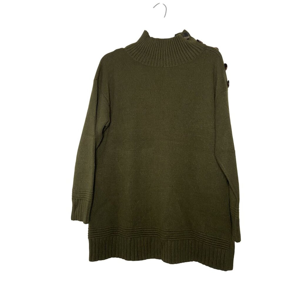 Anthropologie Olive Green Ribbed Turtleneck Sweater With Button Detail & Long Sl